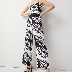 White House Black Market Black and White Tropical-Leaf Wide-Leg Jumpsuit